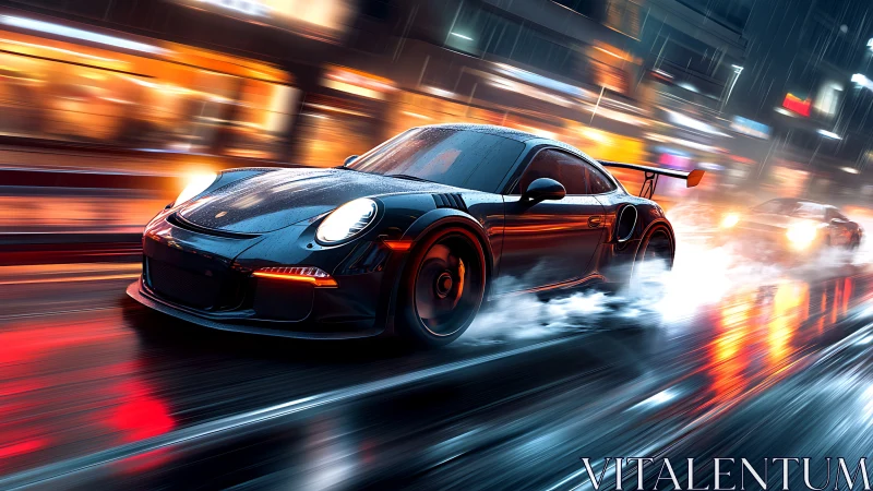 Night racer tears through neon city streets in the rain