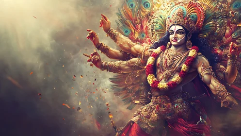 Multi-armed deity figure with peacock plumes and garlands.