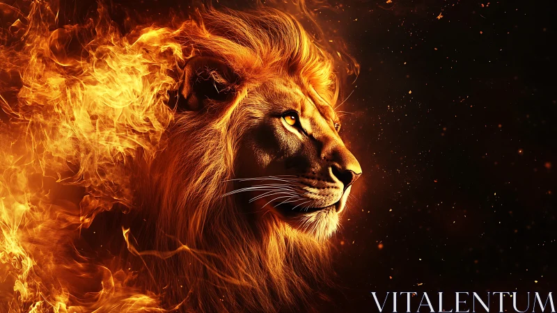 Flaming lion profile rendered with high-contrast glowing embers