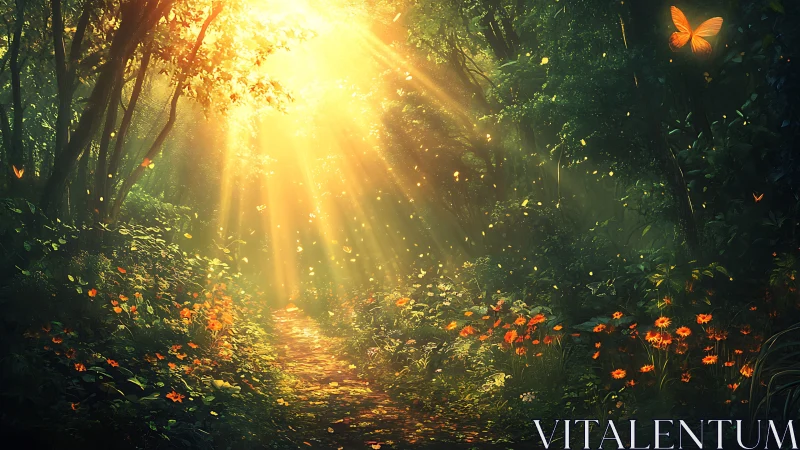 Luminous forest path with golden sunbeams and orange blooms.