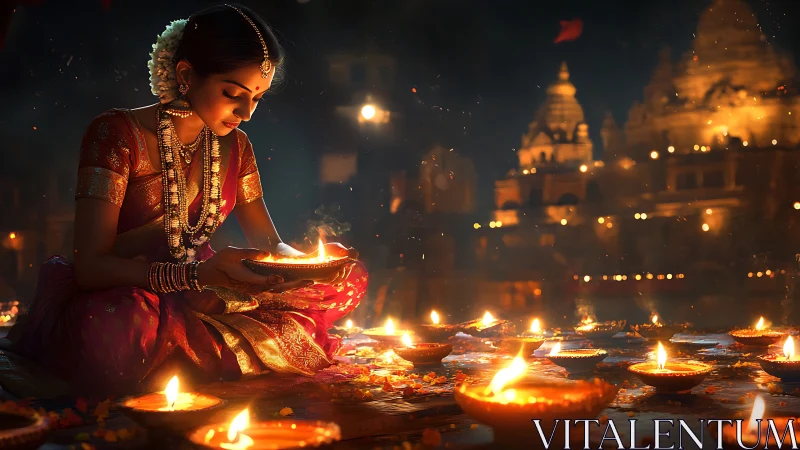 Young woman lights festival diyas beside illuminated temple.