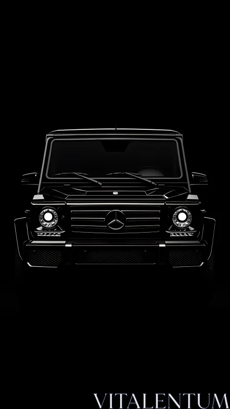 Black Mercedes SUV front view with dramatic noir lighting.