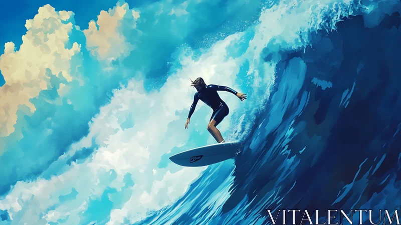 Surfer carves dynamic wave under expansive cyan sky.