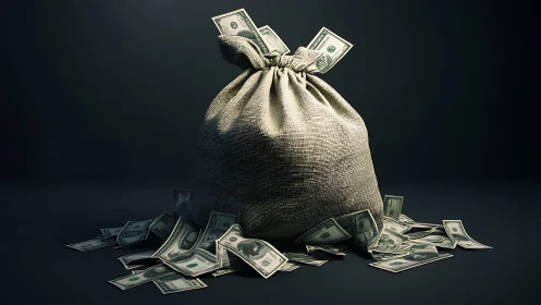 Money bag stands on dark surface with loose dollar bills