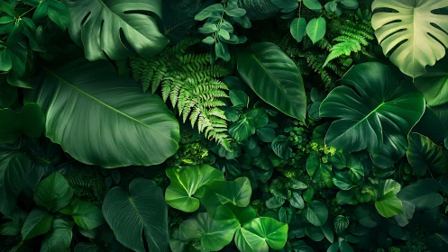 Dense tropical foliage fills frame with layered green leaves