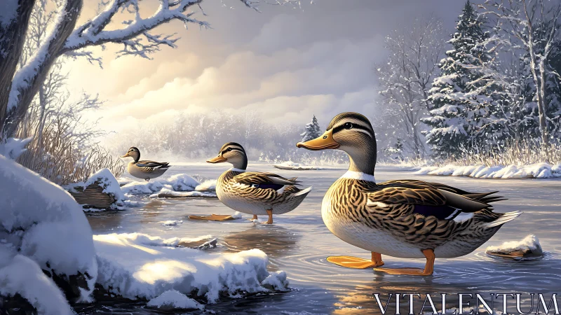 Mallard ducks stand on icy winter river beneath soft dawn light
