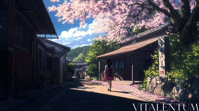 Cherry blossoms escort a lone traveler down sunlit lanes