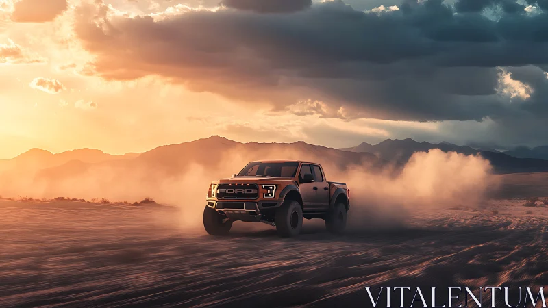 Sunset desert truck kicking up dust in wide open freedom.