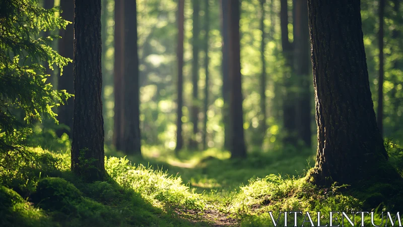 Sunlit forest path with tall trees in serene natural style.