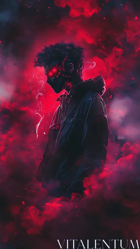 Cybernetic silhouette emerges from neon crimson smoke field