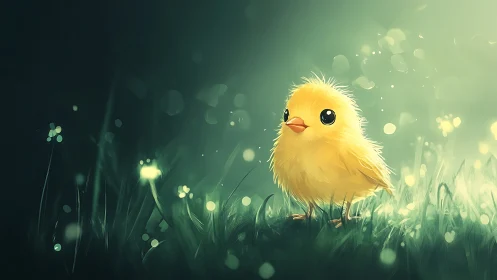 Luminous yellow chick in dewy meadow with bokeh glow.