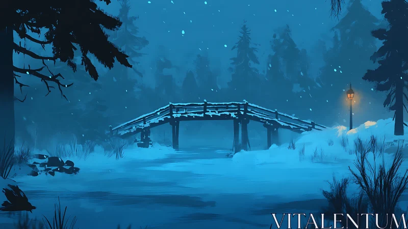 Snowy wooden bridge glows softly under a lone lamppost.