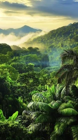 Sunlit rainforest valley wrapped in gentle morning mist.