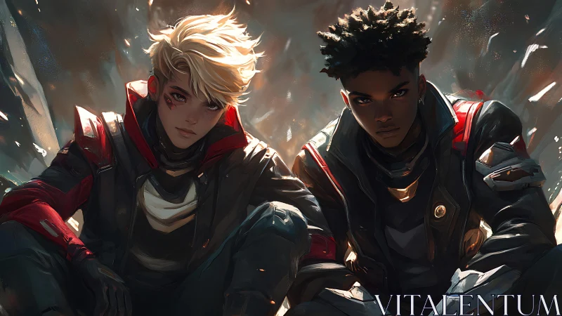 Futuristic duo sits in battle armor amid shattered light