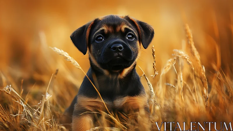 Puppy portrait glows inside golden sunset meadow field