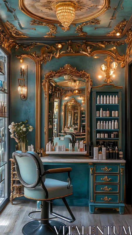 Luxurious teal and gold baroque style hair salon interior.