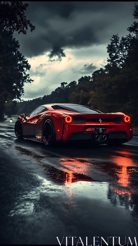 Red supercar reflects on wet forest road under storm clouds