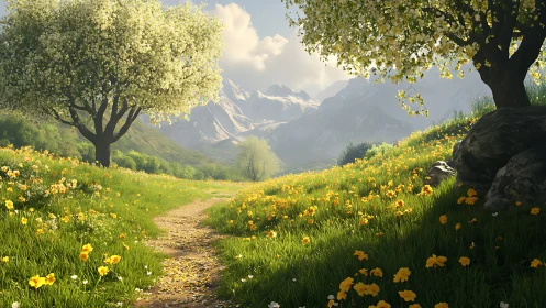 Mountain valley path lined with trees and yellow flowers.