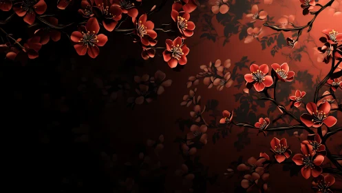 Red Cherry Blossoms Against Black Night Sky