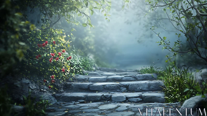 Misty stone garden steps recede into softly diffused light