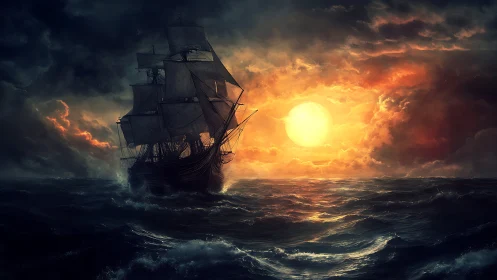 Storm-tossed galleon sails toward a blazing sunset horizon