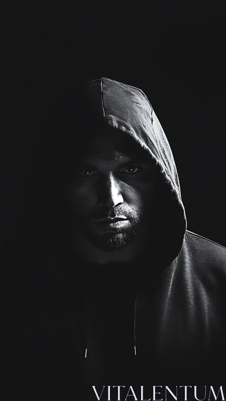 Shadow-soaked hooded gaze carves a face from the dark