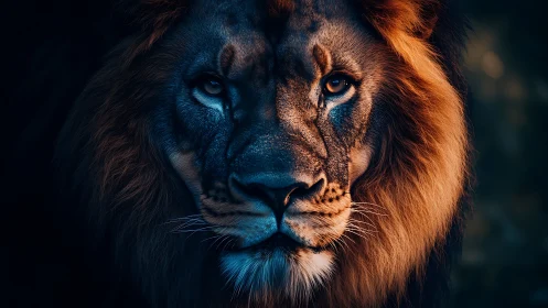 Photorealistic low-key lion portrait with dramatic rim lighting.