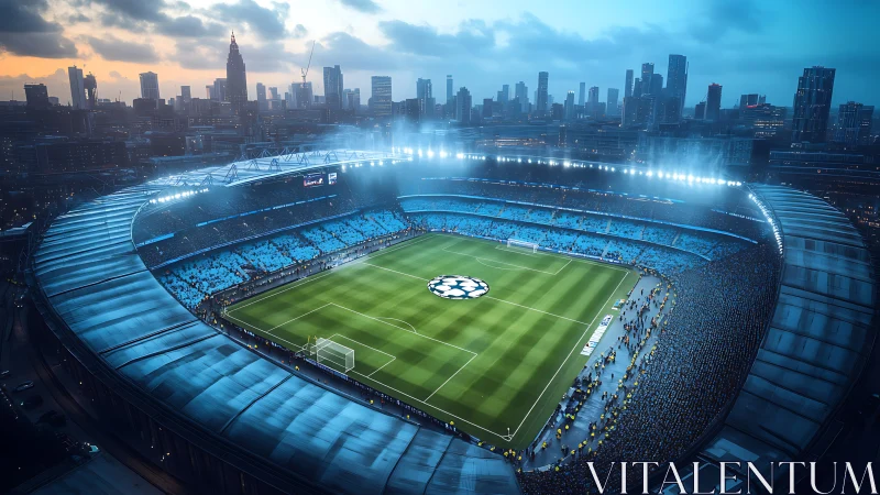 Night match panorama in illuminated modern football stadium.