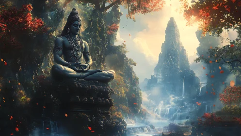 Meditating stone deity guards misted waterfalls and spires.