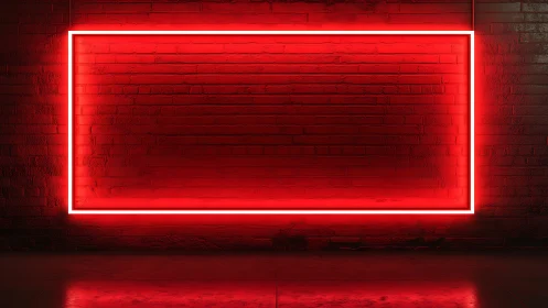 Rectangular red neon light frame on dark textured brick wall