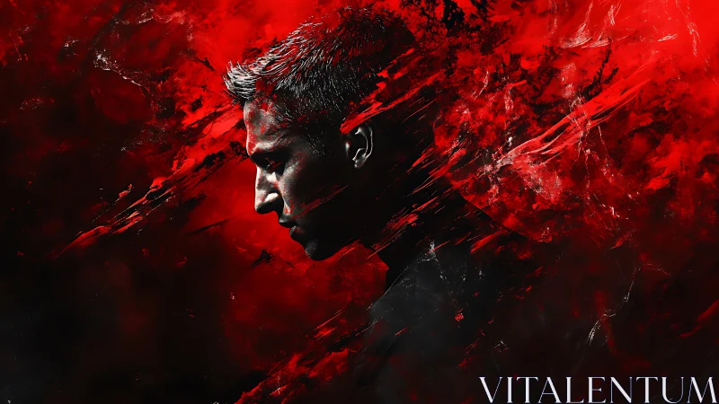 Man in profile against chaotic red abstract background.