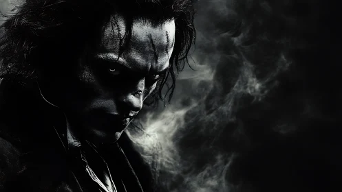 Brooding dark figure emerges from swirling shadowed smoke.