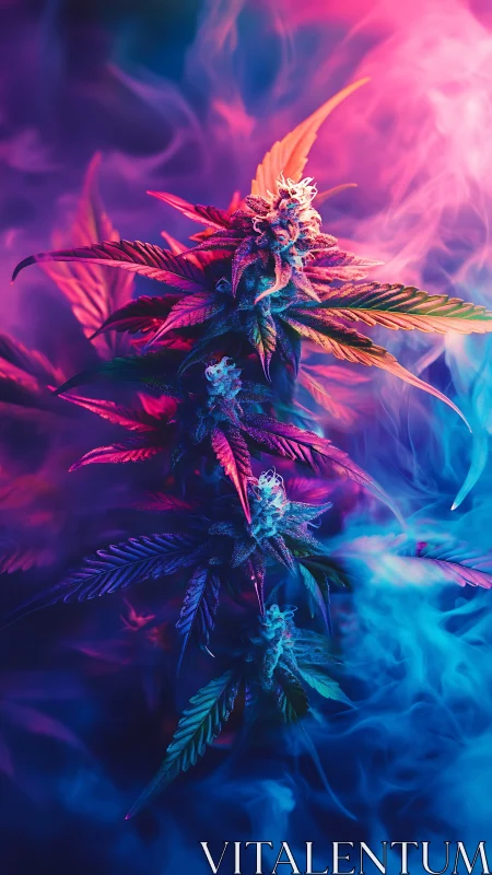 Luminous cannabis plant glows gently in dreamy neon haze