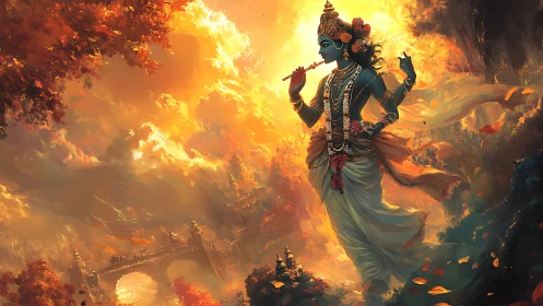 Divine blue figure with flute amid radiant golden landscape.