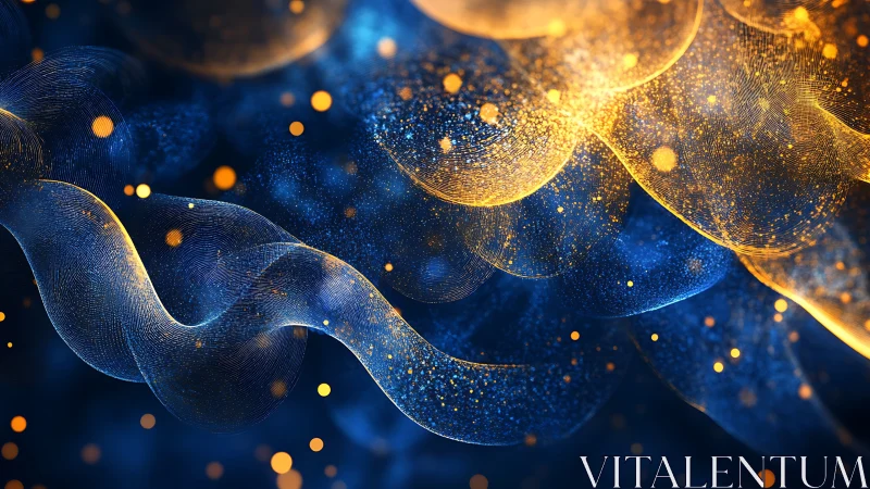 Parametric blue-gold particle ribbons with volumetric bokeh fields.