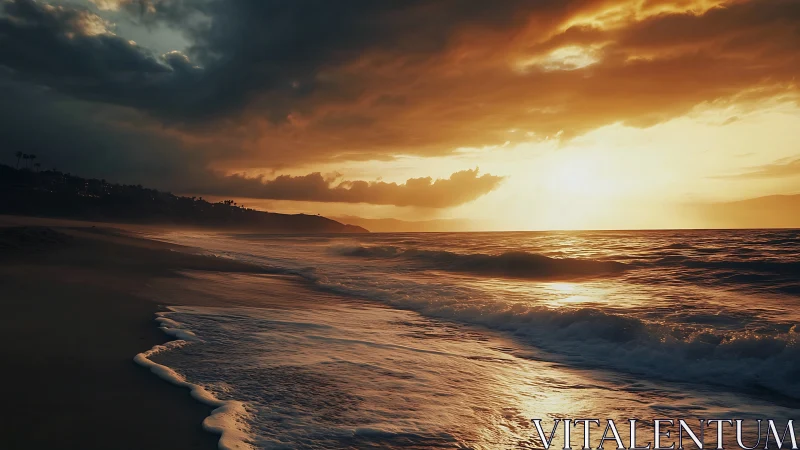 Stormy sunset sky over quiet ocean shoreline view.