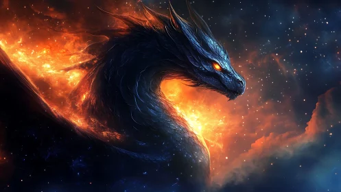 Fiery cosmic dragon with glowing eyes in deep space