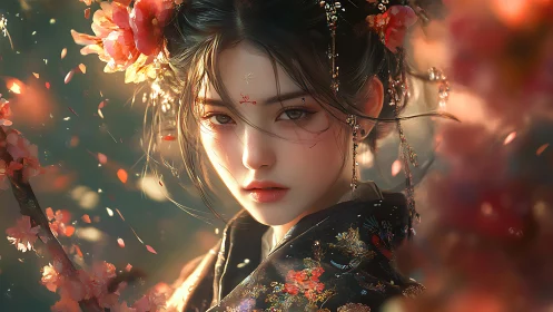 Cinematic close-up of kimono-clad woman amid drifting sakura petals