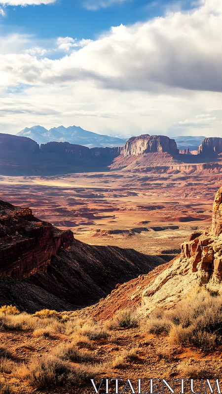 Sunlit canyon kingdoms under roaming desert clouds.