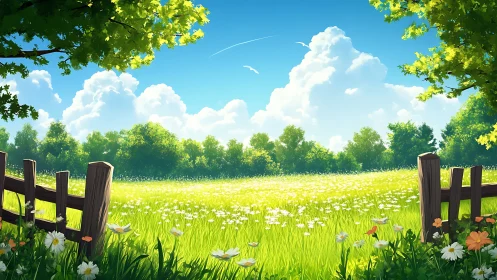 Sunny rural meadow with wooden fence and distant treeline.