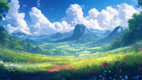 Expansive valley landscape with distant mountains and clouds.