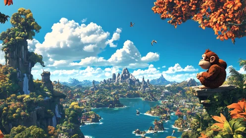 Fantasy landscape with anthropomorphic primate overlooking coastal settlement