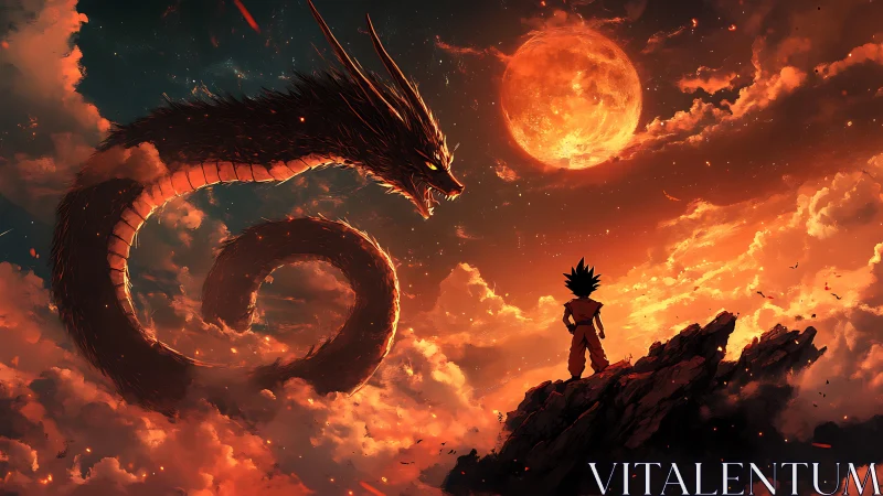 Skyfire dragon coils above lone warrior and burning moon.