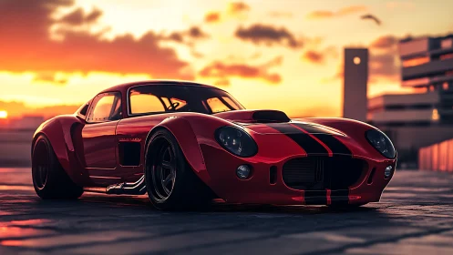 Sunset street predator, crimson classic racer poised. Period.