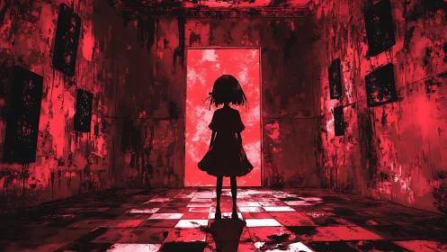 Silhouetted girl confronts glowing portal in distressed red hall