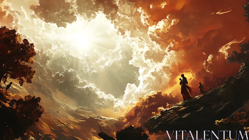 Radiant celestial sky over pilgrims on jagged cliffside.