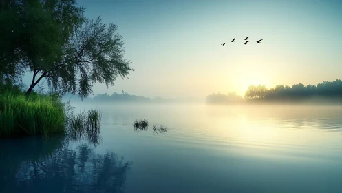 Misty lakeside sunrise with birds over calm reflective water.