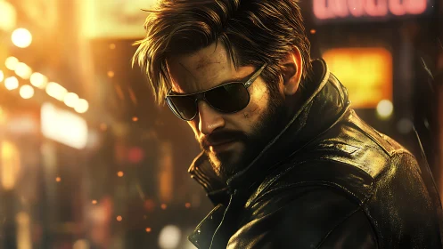 Brooding bearded man in sunglasses on neon city street.