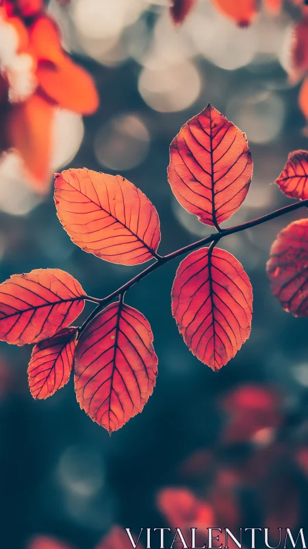 Red autumn leaves hang sharply focused against soft bokeh