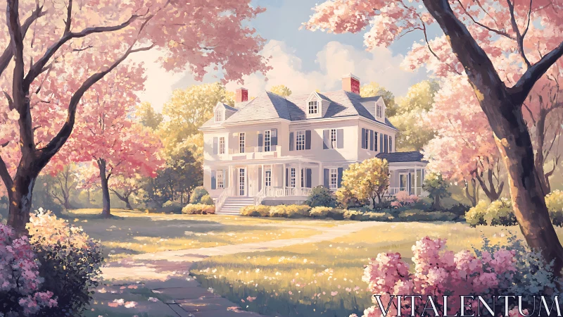 Sunlit spring manor wrapped in soft blooming gardens.